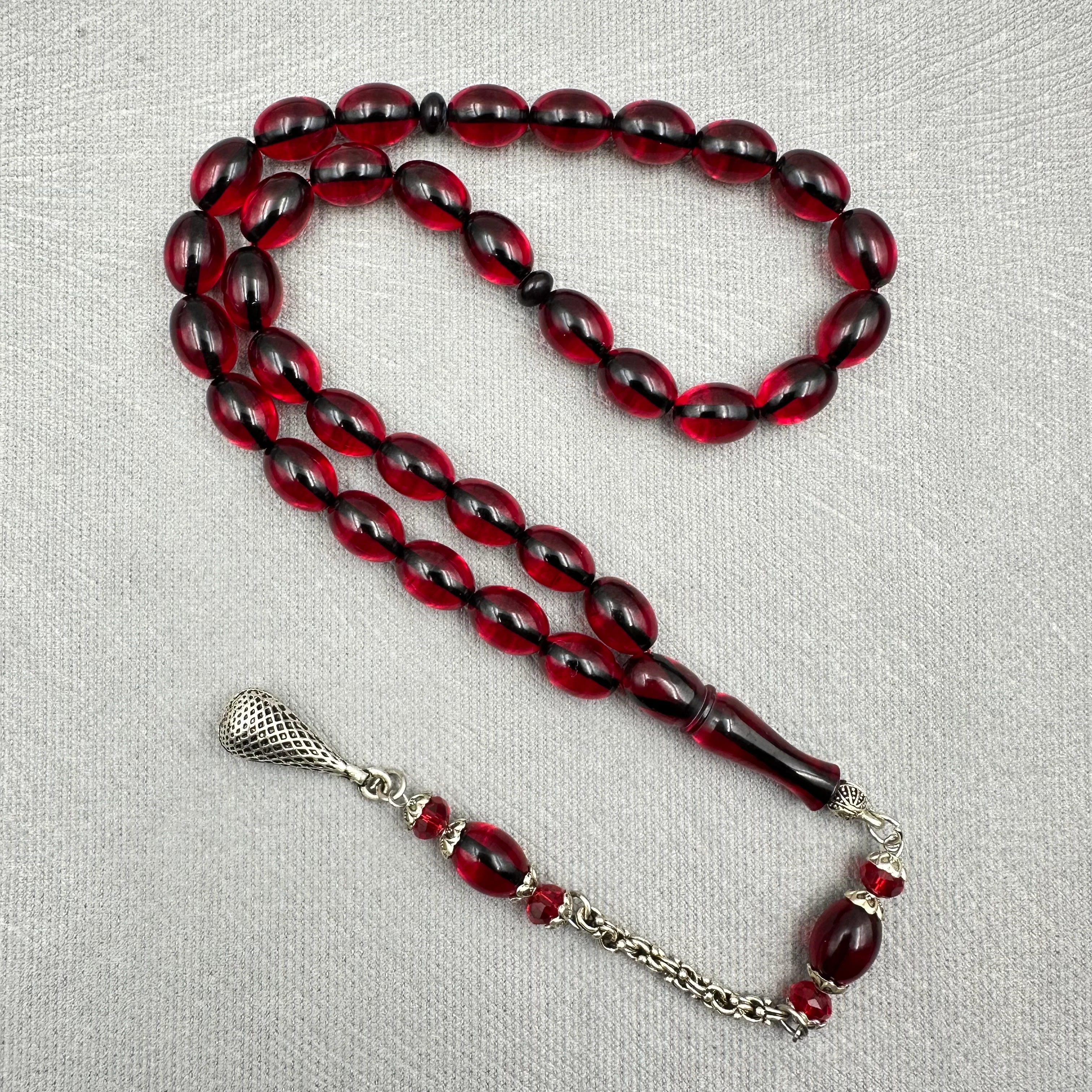 Alpaka Püsküllü Buğulu Hamur Kırmızı Ateş Kehribar Tespih